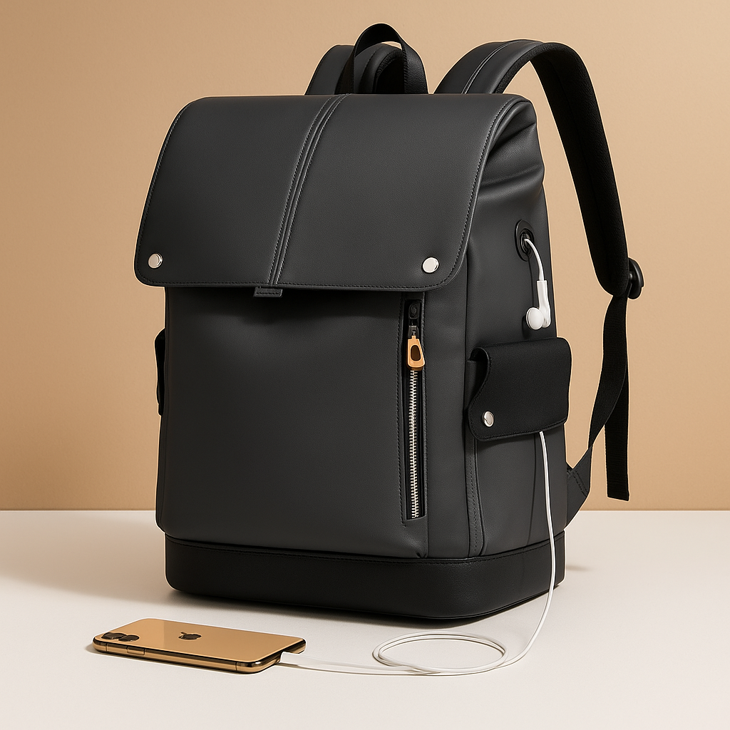 Waterproof leather laptop backpack for men with 15.6-inch laptop sleeve, headphone port, and charging pocket, perfect for work or travel.