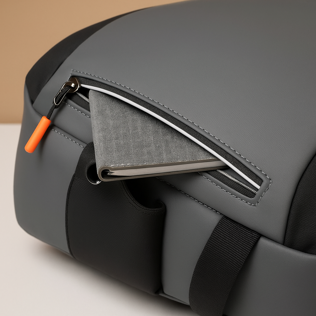 Waterproof leather laptop backpack for men with 15.6-inch laptop sleeve, headphone port, and charging pocket, perfect for work or travel.