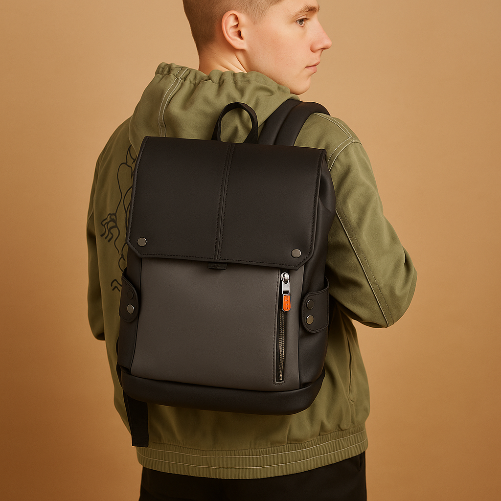 Waterproof leather laptop backpack for men with 15.6-inch laptop sleeve, headphone port, and charging pocket, perfect for work or travel.