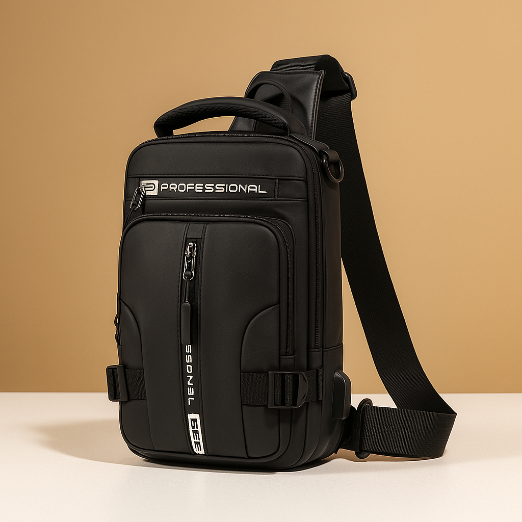 Waterproof sling chest bag for men with USB charging port, large compartments, and ergonomic back—ideal for travel and daily wear.