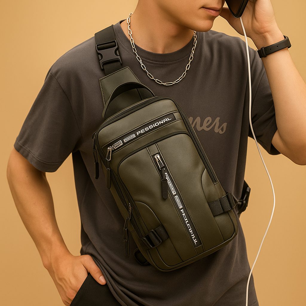 Waterproof sling chest bag for men with USB charging port, large compartments, and ergonomic back—ideal for travel and daily wear.