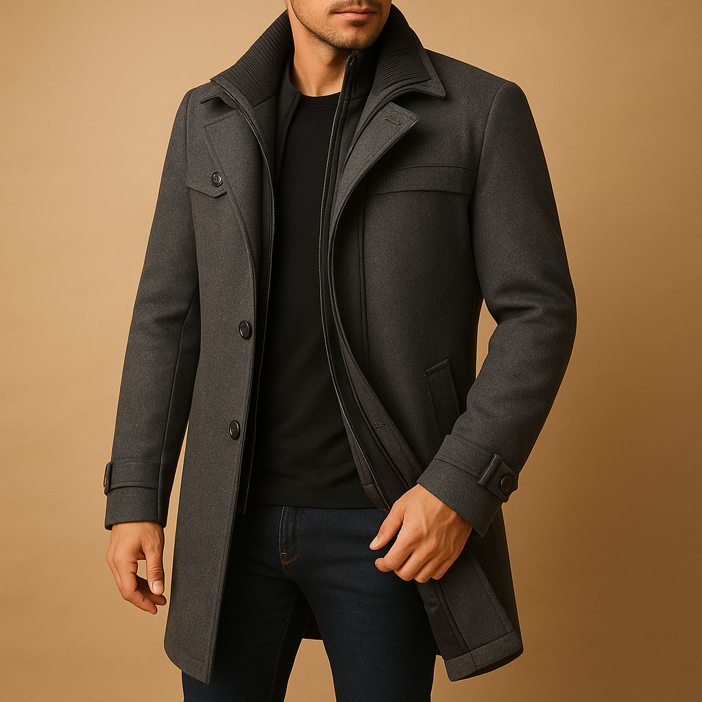 Men’s waterproof winter jacket with breathable material, adjustable cuffs, zip closure, and pockets, ideal for cold and rainy weather