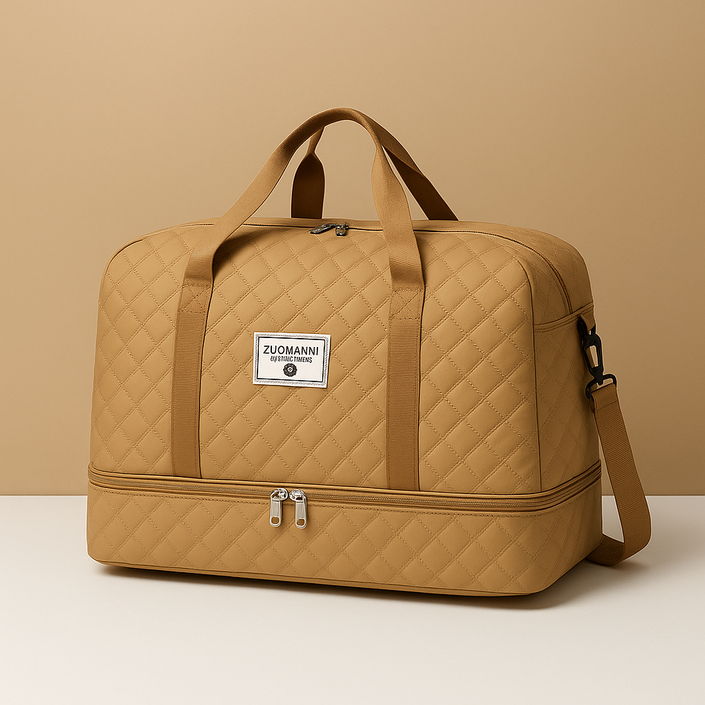 Weekender duffle bag for women with separate shoe compartment, TSA-compliant carry-on design, and water-resistant finish for stylish and organised travel.