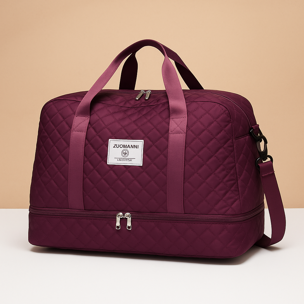 Weekender duffle bag for women with separate shoe compartment, TSA-compliant carry-on design, and water-resistant finish for stylish and organised travel.