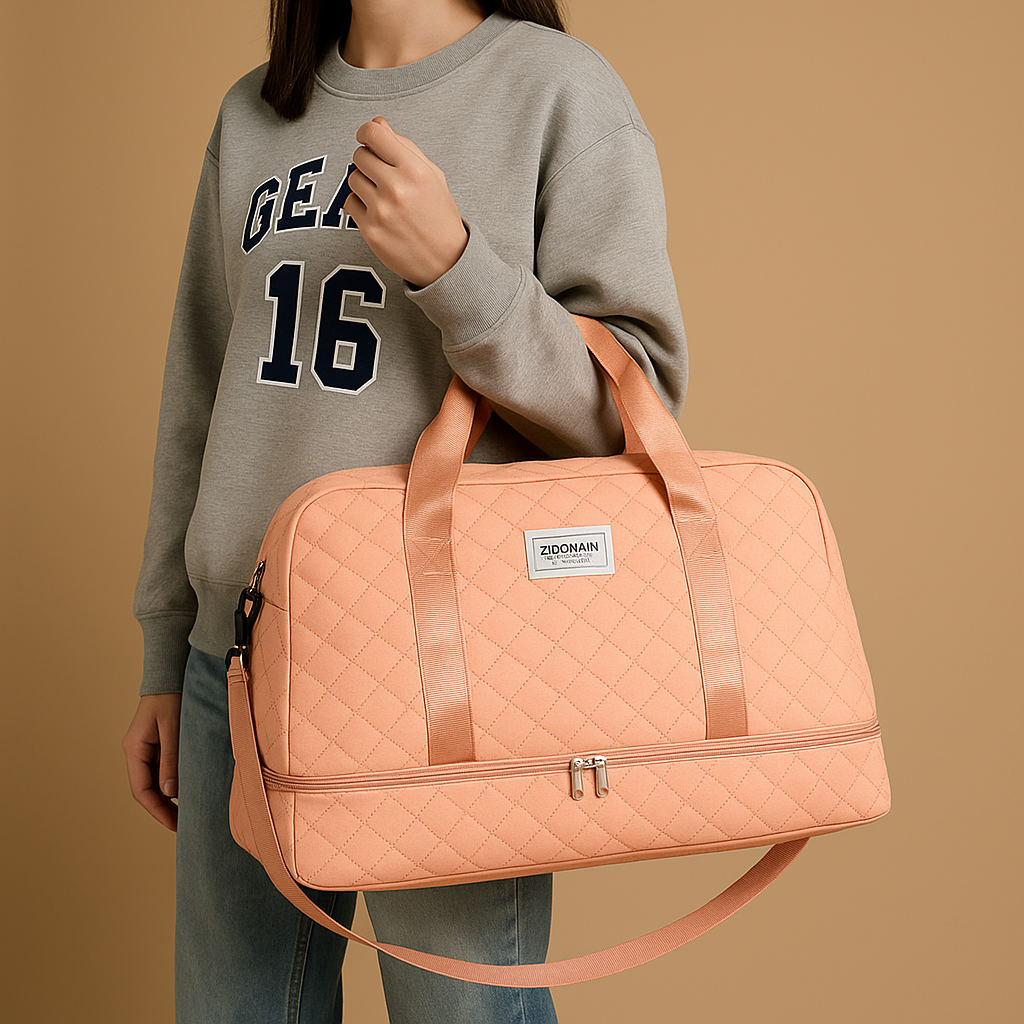 Weekender duffle bag for women with separate shoe compartment, TSA-compliant carry-on design, and water-resistant finish for stylish and organised travel.