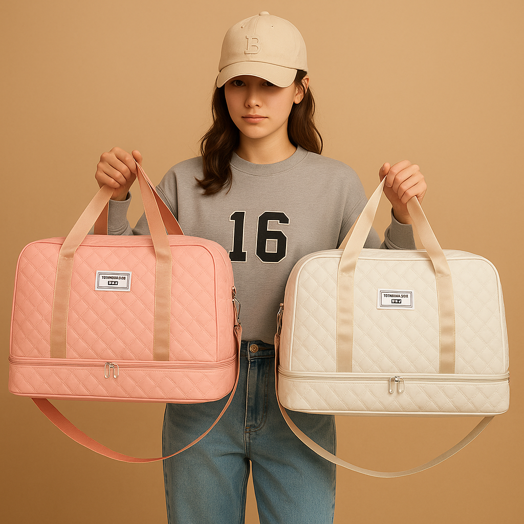 Weekender duffle bag for women with separate shoe compartment, TSA-compliant carry-on design, and water-resistant finish for stylish and organised travel.