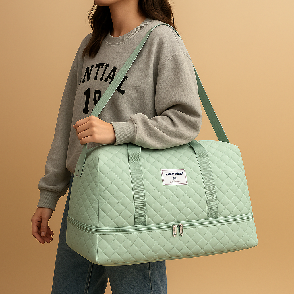 Weekender duffle bag for women with separate shoe compartment, TSA-compliant carry-on design, and water-resistant finish for stylish and organised travel.