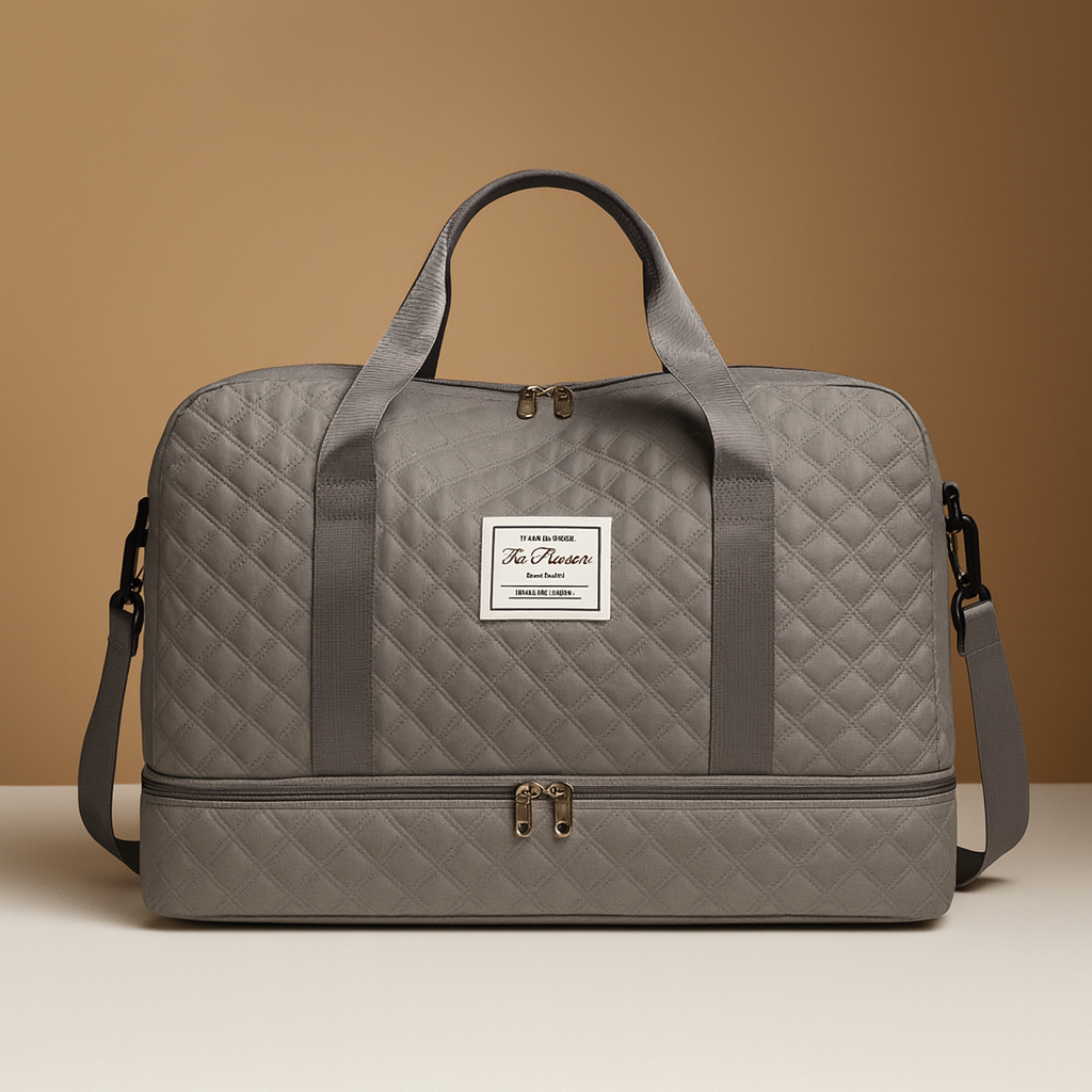 Weekender duffle bag for women with separate shoe compartment, TSA-compliant carry-on design, and water-resistant finish for stylish and organised travel.