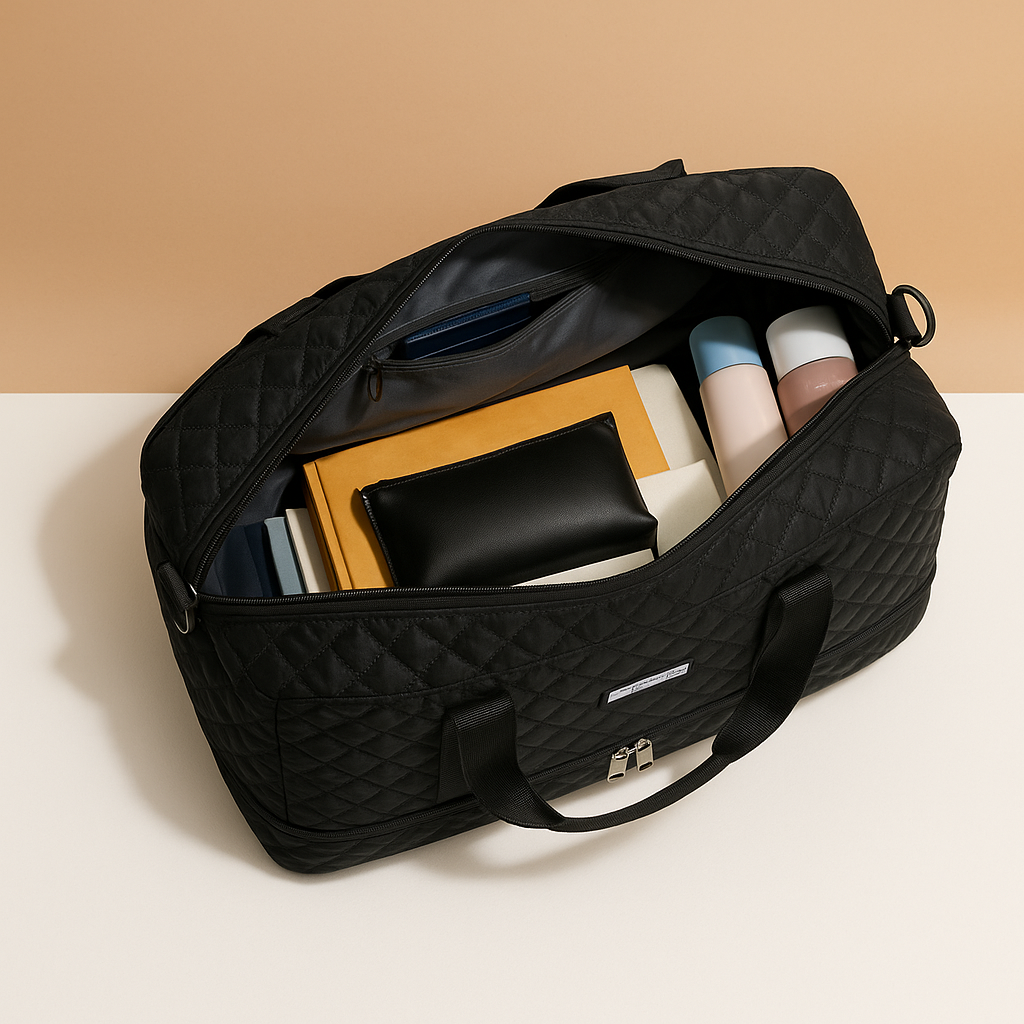Weekender duffle bag for women with separate shoe compartment, TSA-compliant carry-on design, and water-resistant finish for stylish and organised travel.
