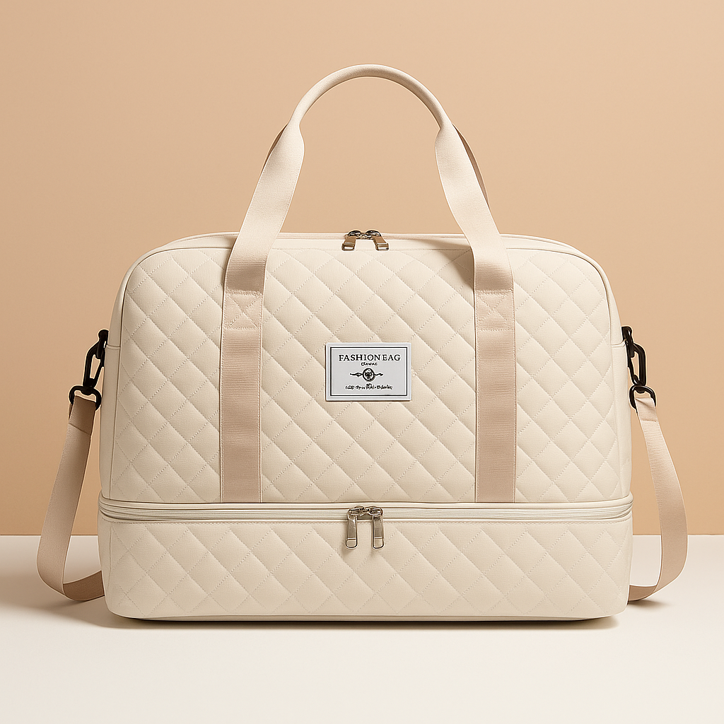 Weekender duffle bag for women with separate shoe compartment, TSA-compliant carry-on design, and water-resistant finish for stylish and organised travel.