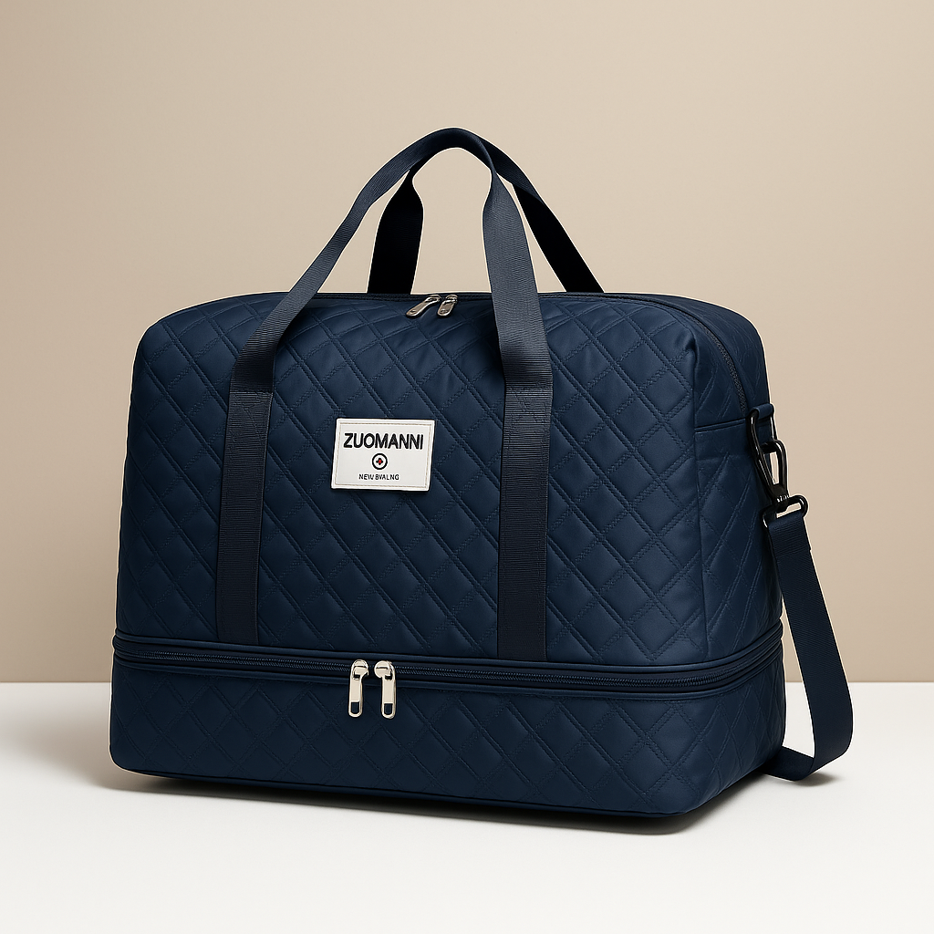 Weekender duffle bag for women with separate shoe compartment, TSA-compliant carry-on design, and water-resistant finish for stylish and organised travel.