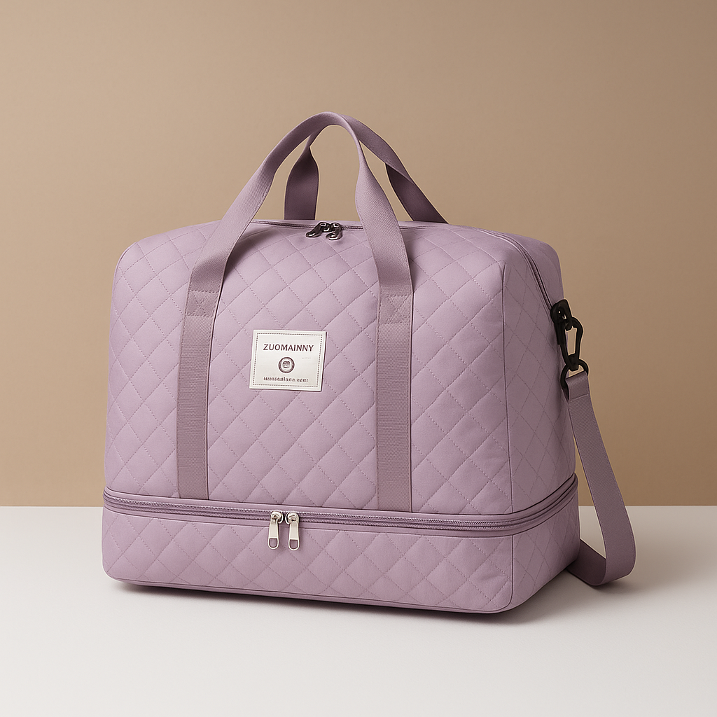 Weekender duffle bag for women with separate shoe compartment, TSA-compliant carry-on design, and water-resistant finish for stylish and organised travel.