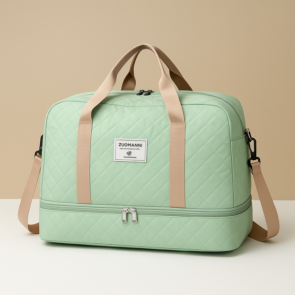 Weekender duffle bag for women with separate shoe compartment, TSA-compliant carry-on design, and water-resistant finish for stylish and organised travel.