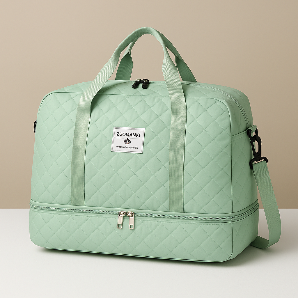 Weekender duffle bag for women with separate shoe compartment, TSA-compliant carry-on design, and water-resistant finish for stylish and organised travel.