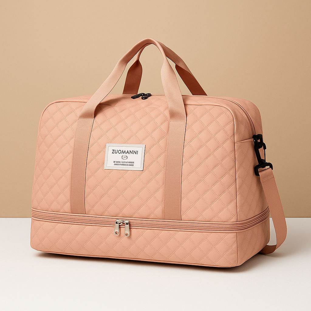 Weekender duffle bag for women with separate shoe compartment, TSA-compliant carry-on design, and water-resistant finish for stylish and organised travel.