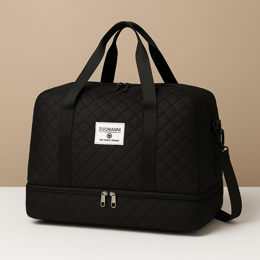 Weekender duffle bag for women with separate shoe compartment, TSA-compliant carry-on design, and water-resistant finish for stylish and organised travel.
