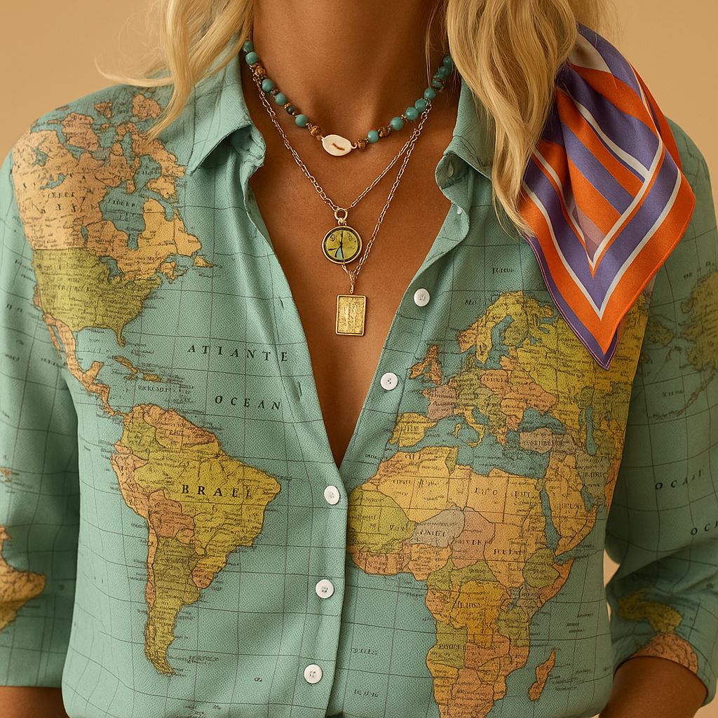 Green world map print blouse for women with half-button closure and lightweight comfortable design, perfect for travel or office wear.