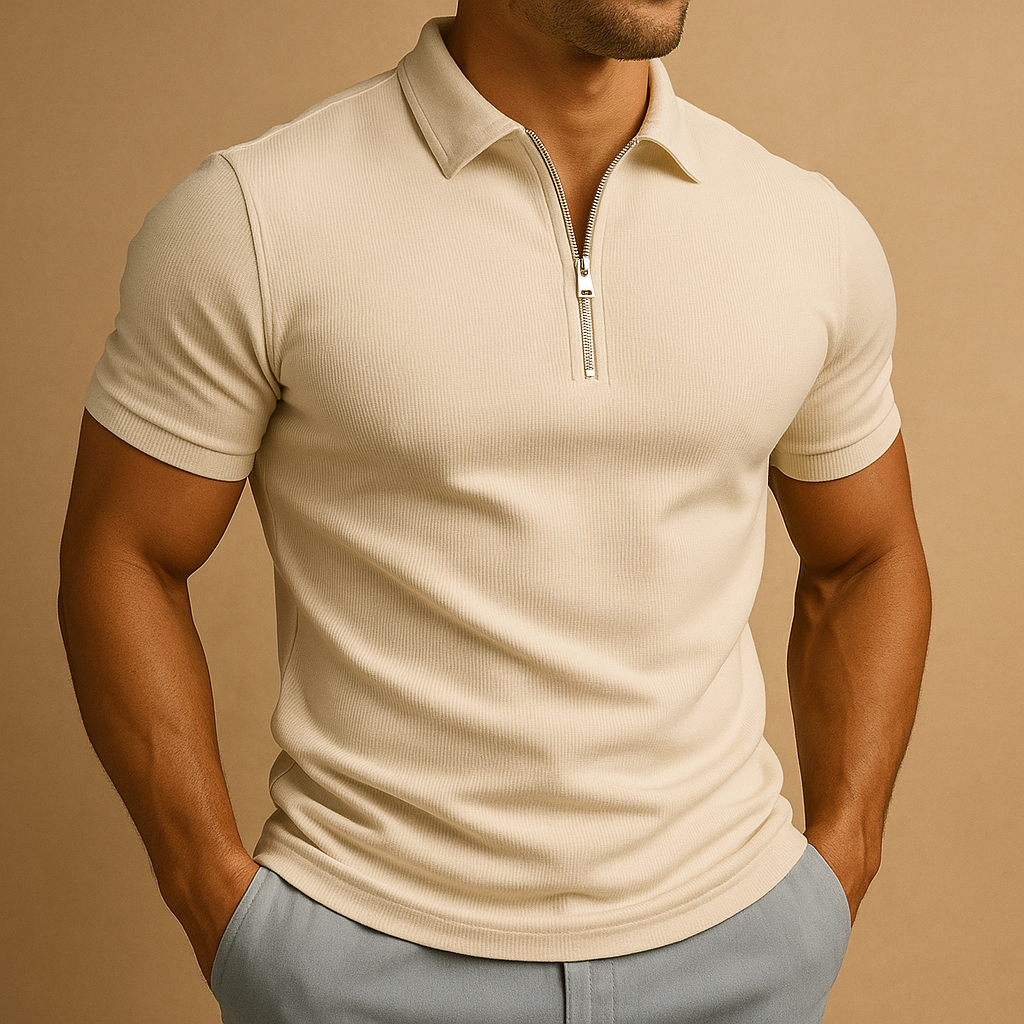 Men’s slim fit polo shirt with modern zip collar, breathable and odor-resistant fabric — ideal for smart casual or everyday wear.