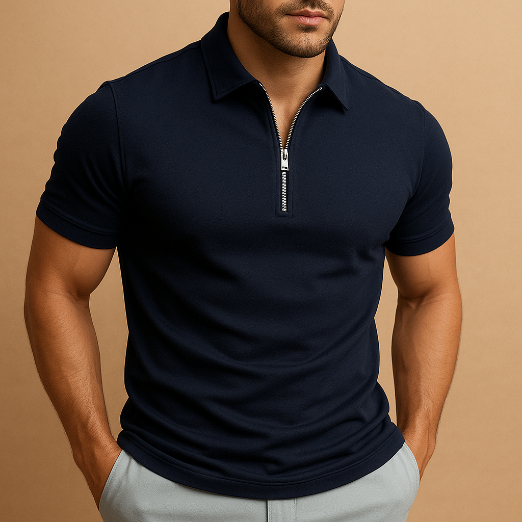 Men’s slim fit polo shirt with modern zip collar, breathable and odor-resistant fabric — ideal for smart casual or everyday wear.