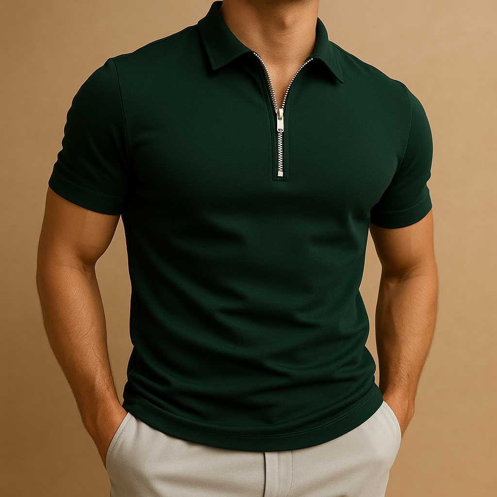 Men’s slim fit polo shirt with modern zip collar, breathable and odor-resistant fabric — ideal for smart casual or everyday wear.