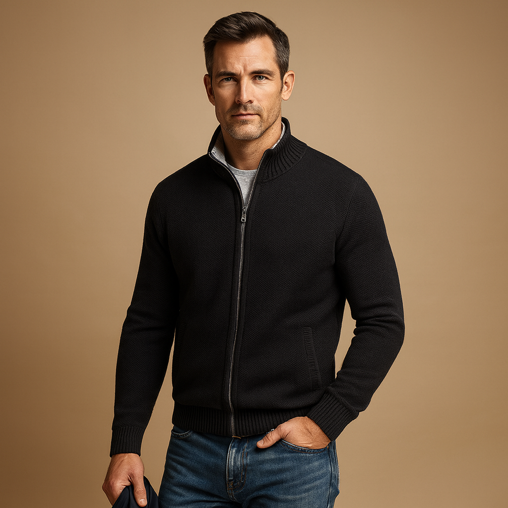 Versatile men’s zipped cardigan with modern design, warm and comfortable for autumn, winter, work, leisure, and casual wear.