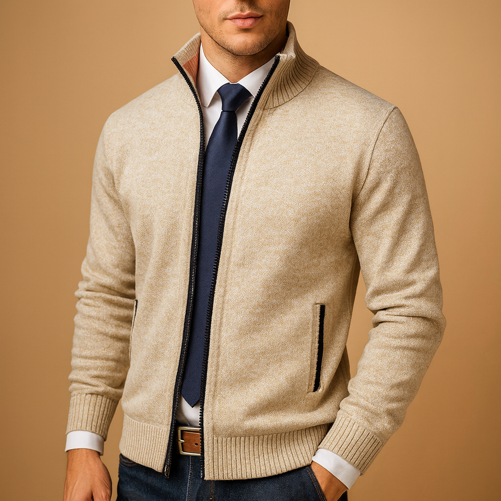 Versatile men’s zipped cardigan with modern design, warm and comfortable for autumn, winter, work, leisure, and casual wear.
