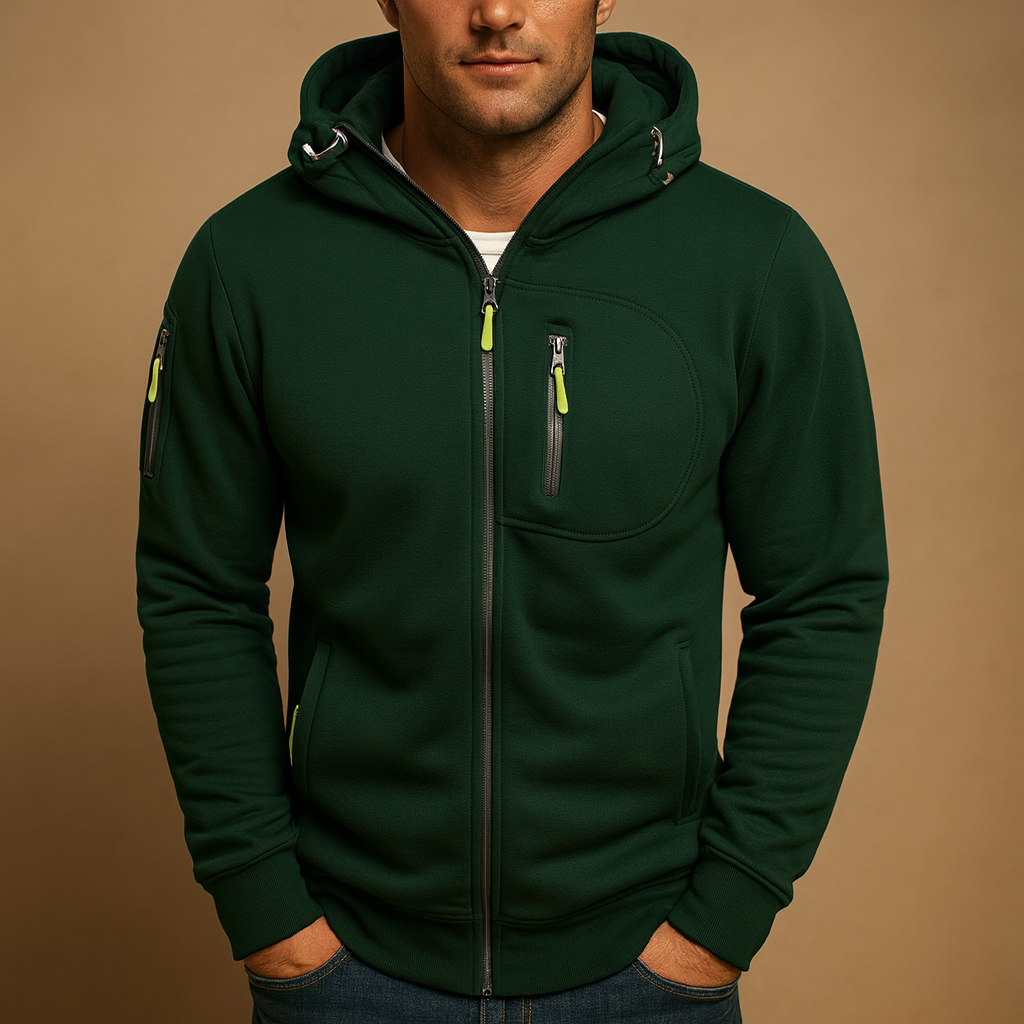 Men’s zipped hoodie with adjustable hood, available in black, blue, grey, green, and white. Perfect for autumn, winter, and casual wear.