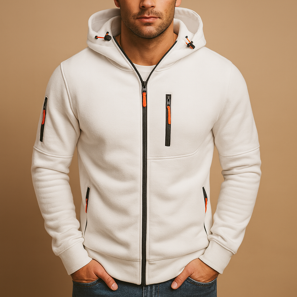 Men’s zipped hoodie with adjustable hood, available in black, blue, grey, green, and white. Perfect for autumn, winter, and casual wear.