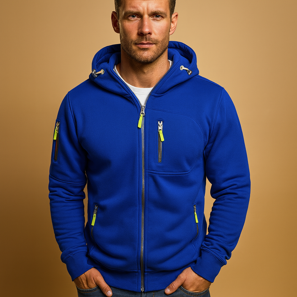 Men’s zipped hoodie with adjustable hood, available in black, blue, grey, green, and white. Perfect for autumn, winter, and casual wear.