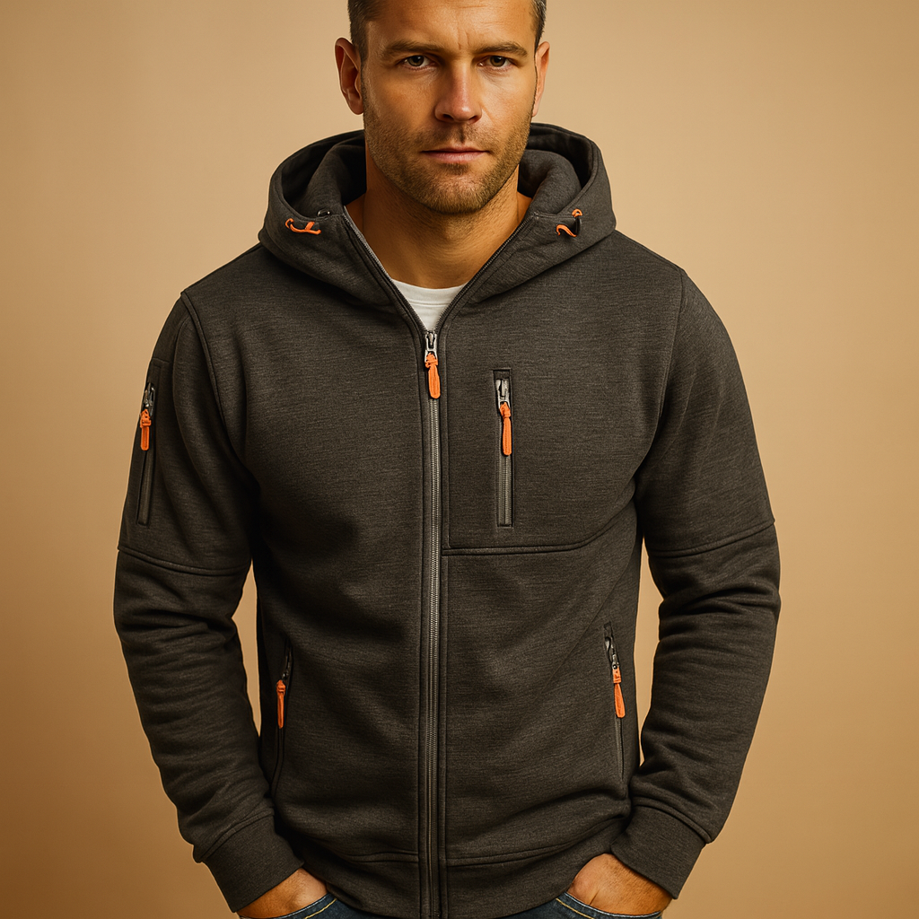 Men’s zipped hoodie with adjustable hood, available in black, blue, grey, green, and white. Perfect for autumn, winter, and casual wear.