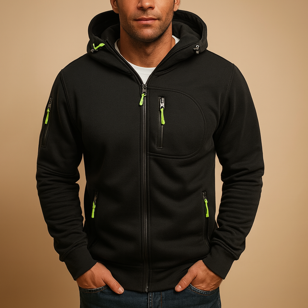 Men’s zipped hoodie with adjustable hood, available in black, blue, grey, green, and white. Perfect for autumn, winter, and casual wear.