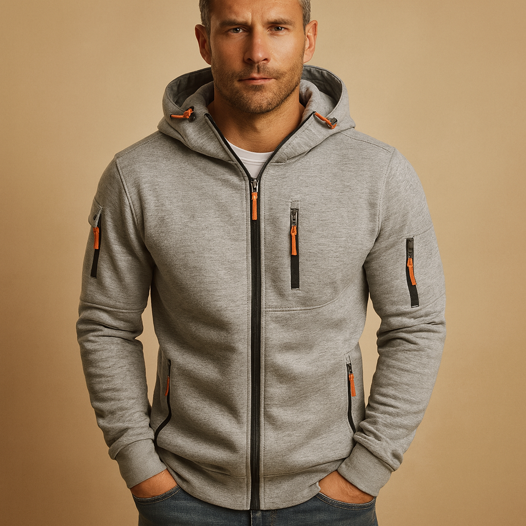 Men’s zipped hoodie with adjustable hood, available in black, blue, grey, green, and white. Perfect for autumn, winter, and casual wear.