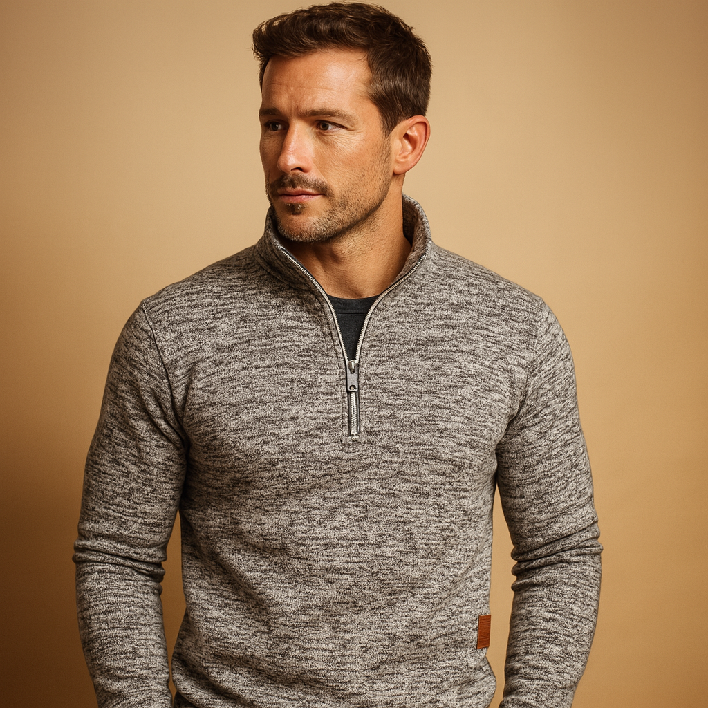 Zipped sweater for men in soft fabric with modern design, perfect for casual, semi-formal, and seasonal wear.