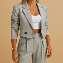 Women’s blazer and trouser set in navy or grey, with a tailored fit for formal and casual occasions
