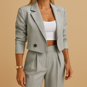 Women’s blazer and trouser set in navy or grey, with a tailored fit for formal and casual occasions