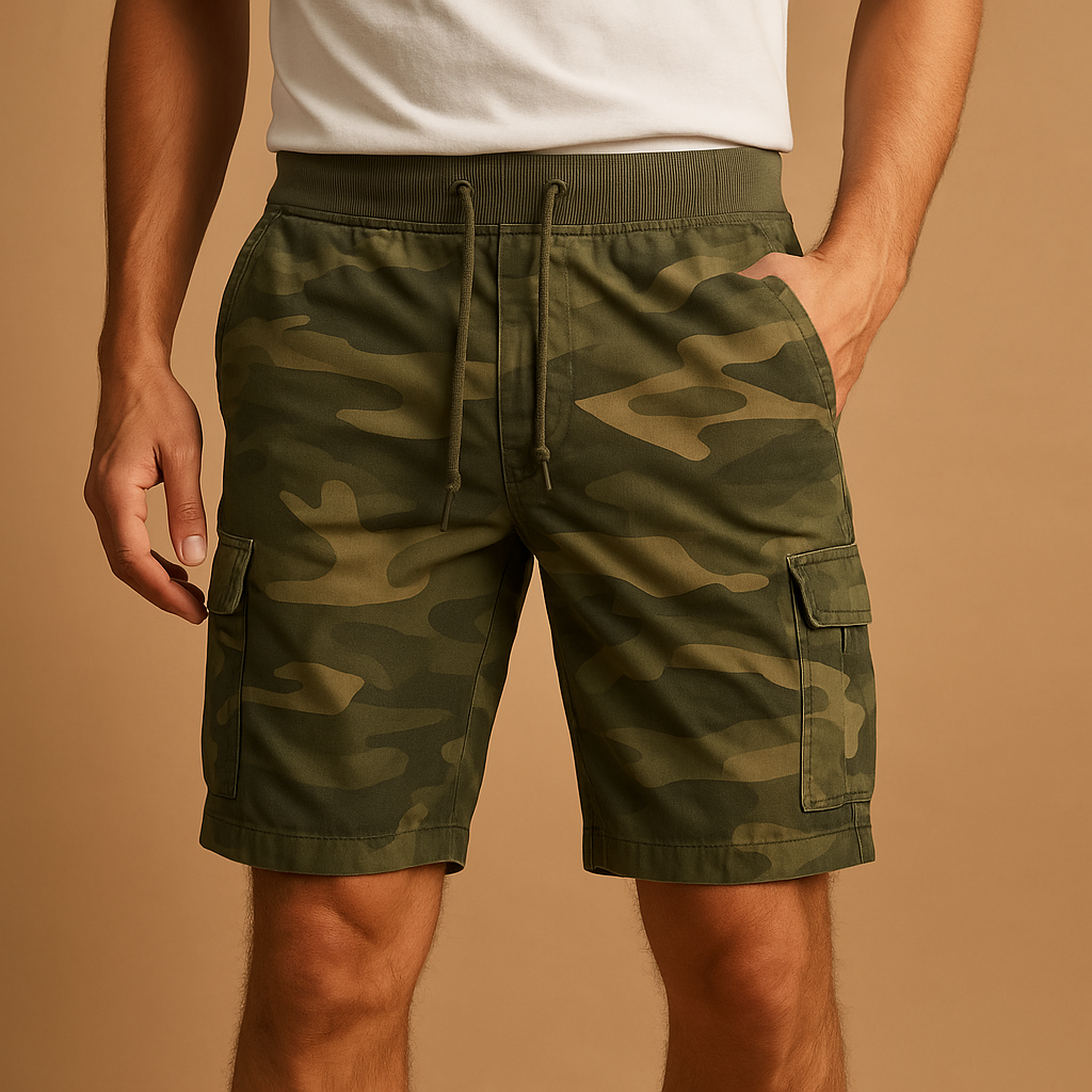 Men’s camouflage shorts made from lightweight breathable cotton, perfect for outdoor adventures and summer casual outfits.