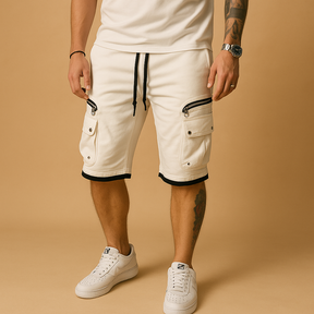 Men’s cargo shorts with relaxed fit, adjustable drawstring, and multiple pockets in green, red, white, black, grey, and yellow, ideal for summer and outdoor wear.