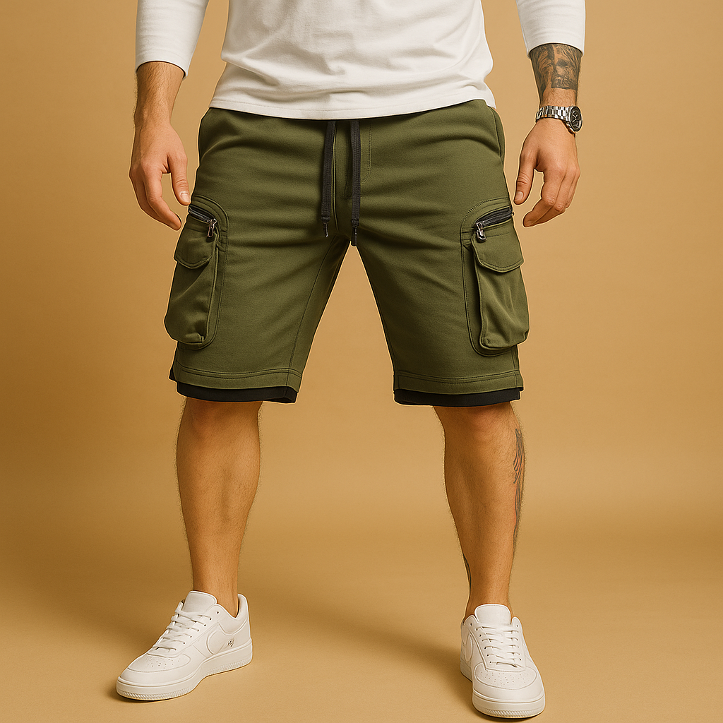 Men’s cargo shorts with relaxed fit, adjustable drawstring, and multiple pockets in green, red, white, black, grey, and yellow, ideal for summer and outdoor wear.