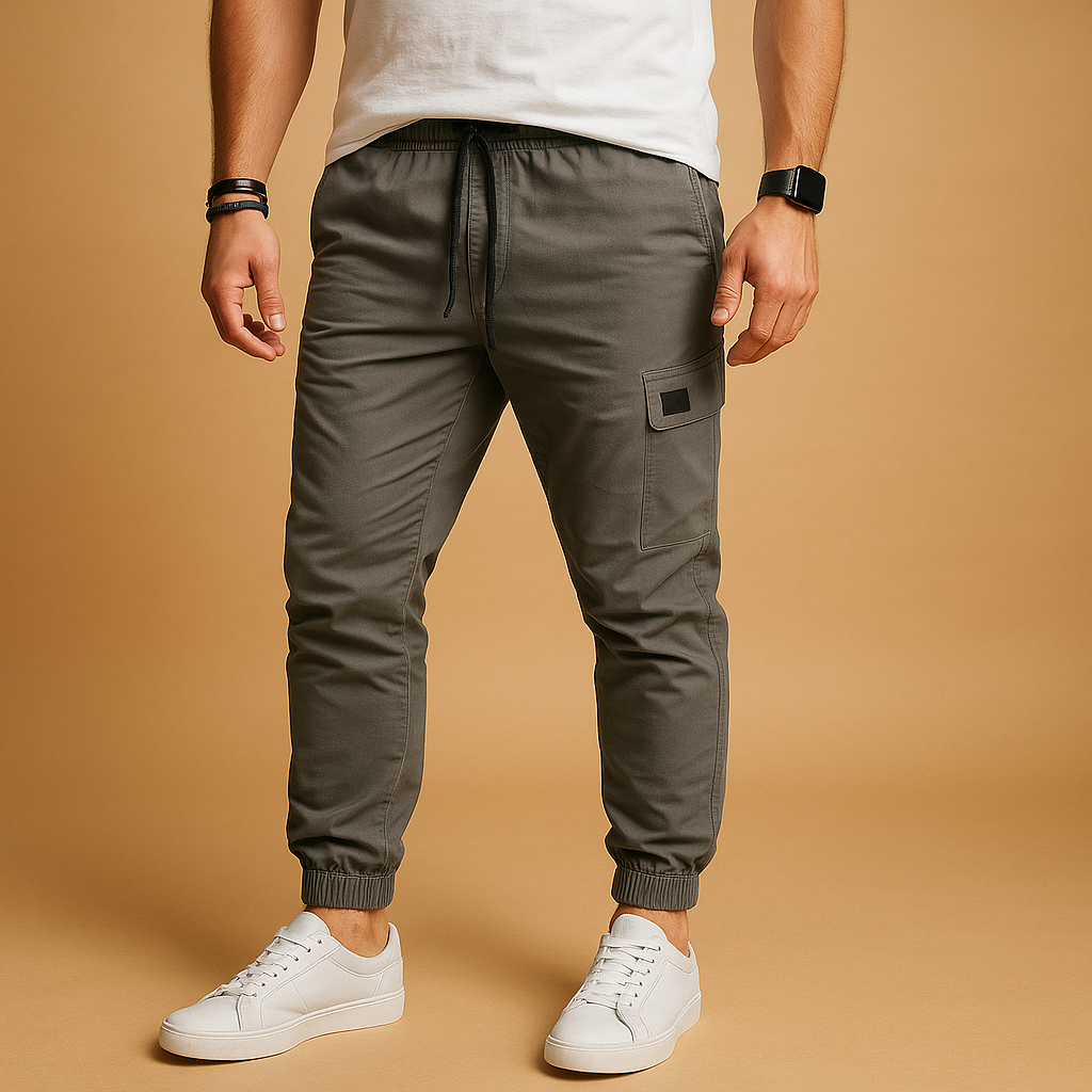 Men’s cargo trousers with multiple side pockets, relaxed fit, and straight legs in black, grey, beige, and green for casual or outdoor wear.