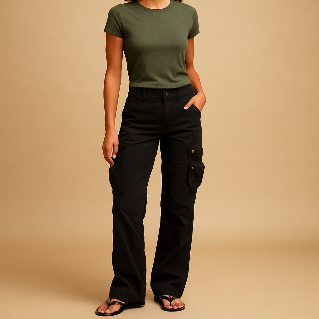 Women’s cargo trousers with roomy pockets and straight-leg fit, ideal for casual outfits and everyday wear