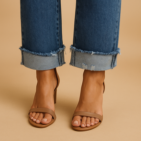 Women’s casual jeans with relaxed fit and unique asymmetrical waistband, ideal for streetwear and year-round comfort