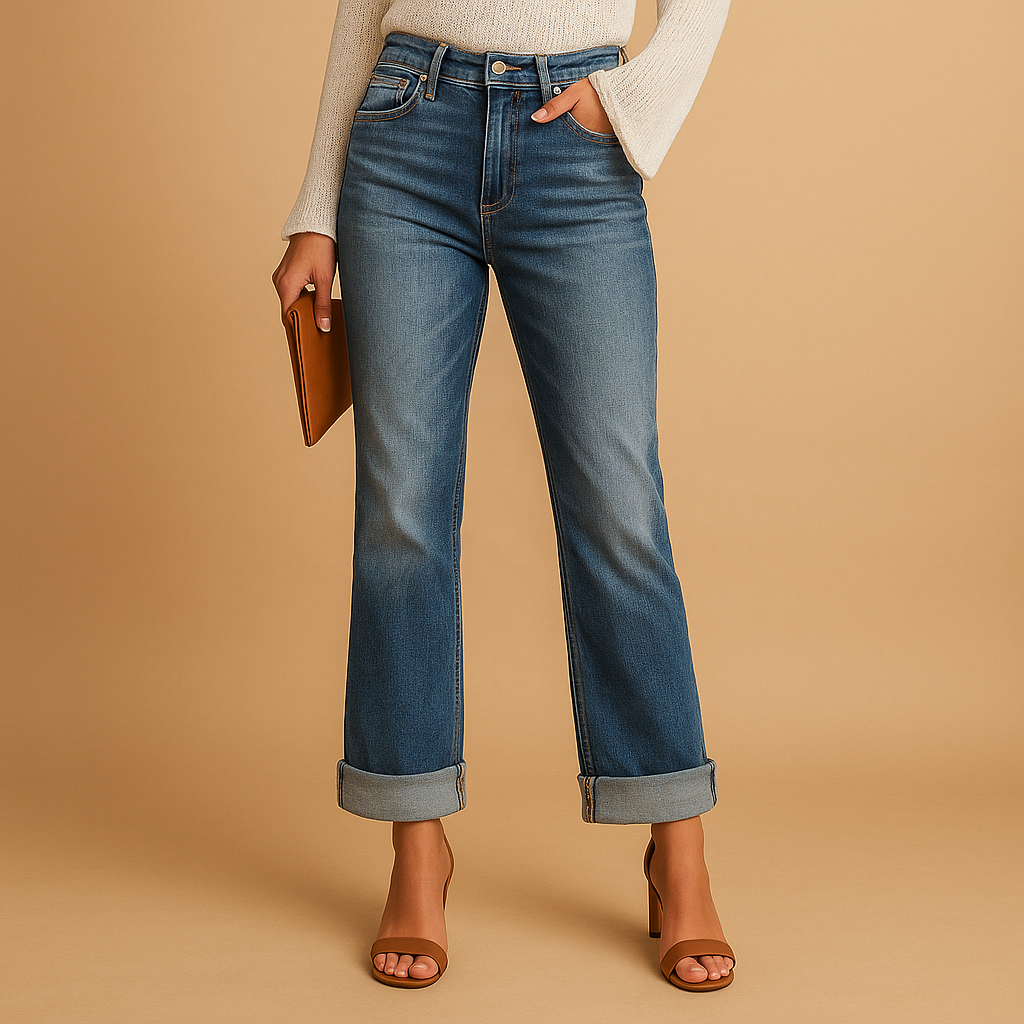 Women’s casual jeans with relaxed fit and unique asymmetrical waistband, ideal for streetwear and year-round comfort