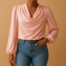 Woman wearing a beige chiffon blouse with puff sleeves and V-neck, ideal for warm weather and stylish summer looks