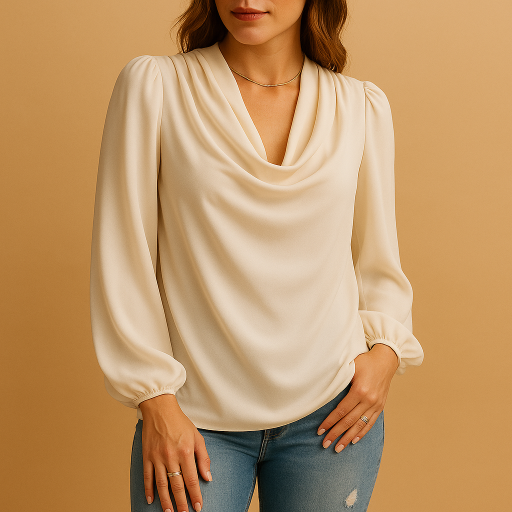 Woman wearing a beige chiffon blouse with puff sleeves and V-neck, ideal for warm weather and stylish summer looks