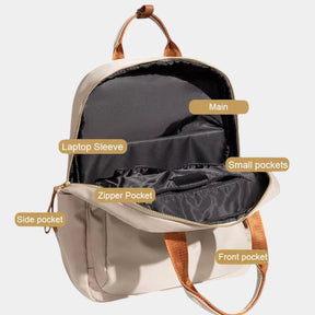 Women’s water-repellent commuter backpack with 14-inch laptop compartment, multiple pockets, and trolley sleeve – ideal for work, travel, and daily use.