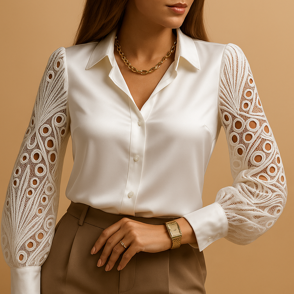 Woman wearing a lace-sleeved blouse with collar and button closure, ideal for formal events or office wear