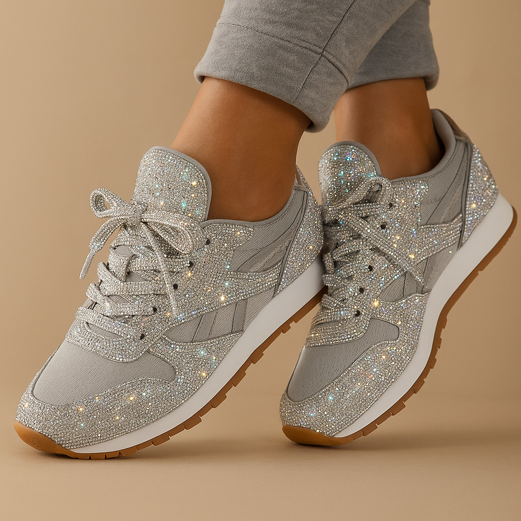Stylish women’s glitter sneakers with sequins in silver, gold, and black, perfect for casual wear or festive occasions.