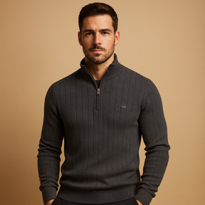 Men’s half zip sweater with slim fit, high collar, and soft warm knit. Perfect for casual or refined outfits in autumn and winter.