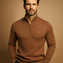 Men’s half zip sweater with slim fit, high collar, and soft warm knit. Perfect for casual or refined outfits in autumn and winter.