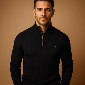 Men’s half zip sweater with slim fit, high collar, and soft warm knit. Perfect for casual or refined outfits in autumn and winter.